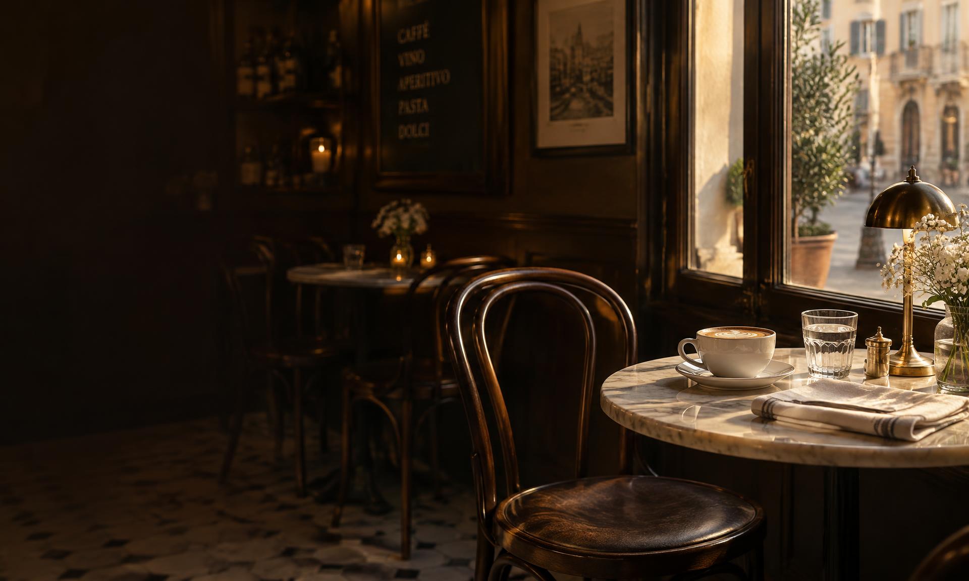 A quiet European café with a marble table, coffee and linen by a sunlit window