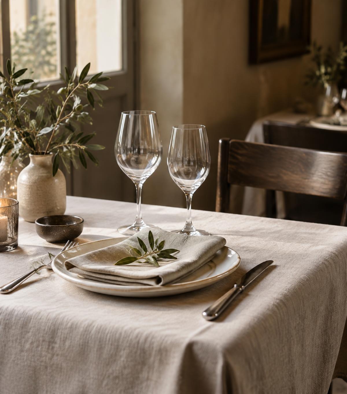 A restaurant table laid with linen, wine glasses and olive branches in soft window light